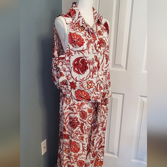 Nicole Miller Red and White Floral Linen/Rayon Pantsuit. XL. - Picture 9 of 16
